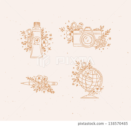 Paint tube, camera, pencil, globe floral arrangement beige Paint tube, camera, pencil, globe floral arrangement beige 138570485