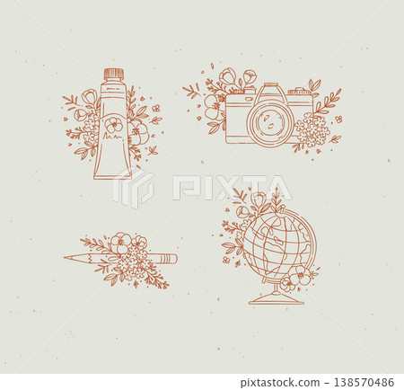 Paint tube, camera, pencil, globe floral arrangement coral Paint tube, camera, pencil, globe floral arrangement coral 138570486