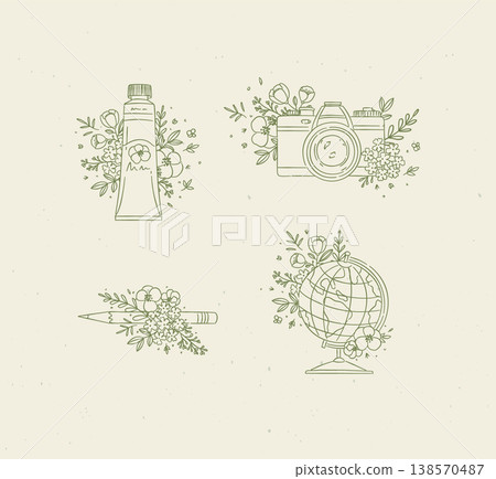 Paint tube, camera, pencil, globe floral arrangement green and beige Paint tube, camera, pencil, globe floral arrangement green and beige 138570487