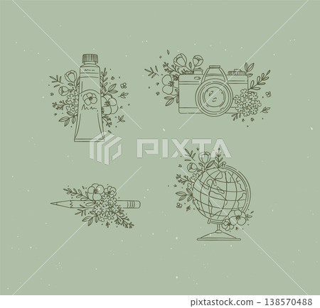 Paint tube, camera, pencil, globe floral arrangement green Paint tube, camera, pencil, globe floral arrangement green 138570488