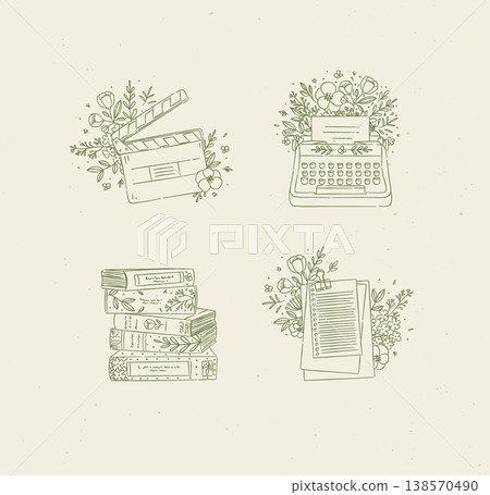 Clapperboard, typewriter, stack of books in floral arrangement green beige 138570490
