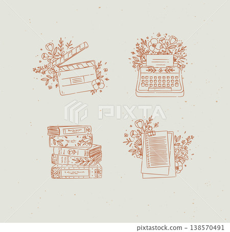 Clapperboard, typewriter, stack of books, checklist in floral arrangement coral Clapperboard, typewriter, stack of books, checklist in floral arrangement coral 138570491