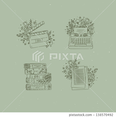 Clapperboard, typewriter, stack of books, in floral arrangement green 138570492