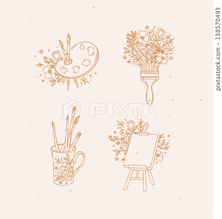 Cup with brushes, art easel, palette in floral arrangement beige 138570493