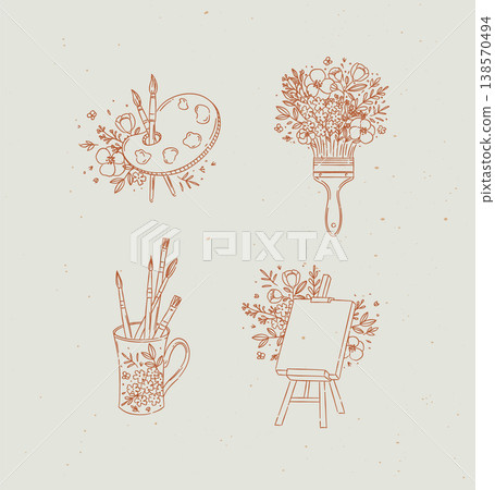 Cup with brushes, art easel, palette in floral arrangement coral Cup with brushes, art easel, palette in floral arrangement coral 138570494