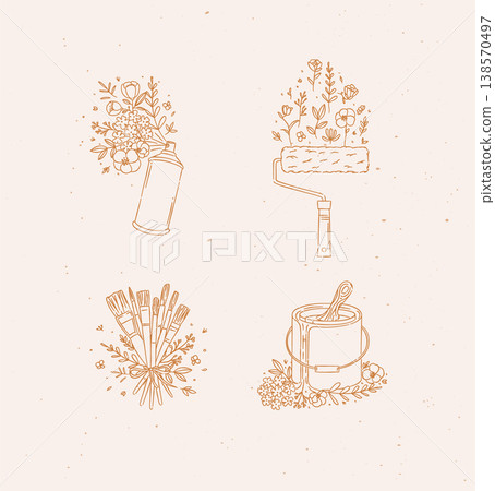 Spray can, paint roller, brush and can in floral arrangement beige 138570497