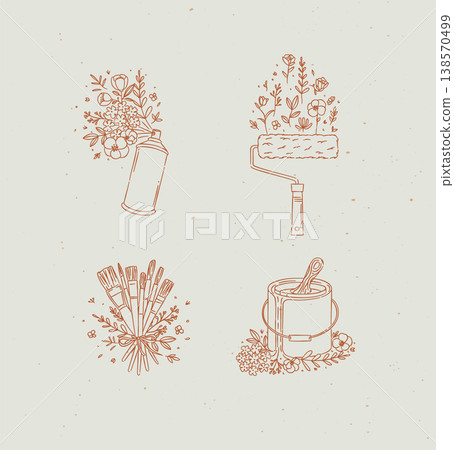 Spray can, paint roller, brush and can in floral arrangement coral Spray can, paint roller, brush and can in floral arrangement coral 138570499