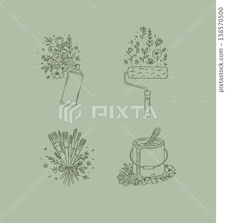 Spray can, paint roller, brush and can in floral arrangement green Spray can, paint roller, brush and can in floral arrangement green 138570500