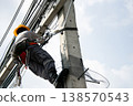 Electricians work on utility poles with safety as their top priority. 138570543