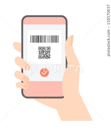 A woman's hand holding a smartphone displaying a simple and stylish barcode, QR code, and checkmark. 138570637