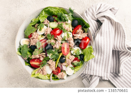 salad with canned tuna, vegetable salad with quail eggs, lettuce and romaine leaves, red onion, cherry tomatoes, olives, keto food, healthy eating, salad with canned tuna, vegetable salad with quail eggs, lettuce and romaine leaves, red onion, cherry tomatoes, olives, keto food, healthy eating, 138570681