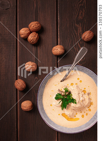 Satsivi, Georgian dish, chicken in nut sauce, cold appetizer,rustic, no people, homemade, Satsivi, Georgian dish, chicken in nut sauce, cold appetizer,rustic, no people, homemade, 138570703