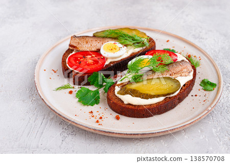 sandwiches on rye bread, with sprats, quail eggs, fresh tomatoes and pickled cucumber, appetizer, breakfast, homemade, sandwiches on rye bread, with sprats, quail eggs, fresh tomatoes and pickled cucumber, appetizer, breakfast, homemade, 138570708