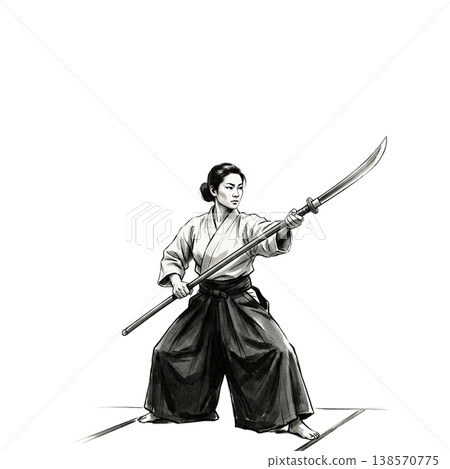 一幅日本繪畫風格的女性手持薙刀（一種日本長柄武器）的插圖。 138570775