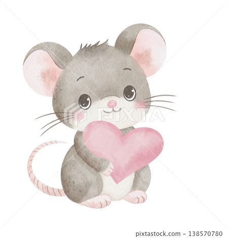 Cute watercolor baby mouse holding pink heart, adorable character hand-drawn illustration for Valentine's Day, nursery decor, and romantic greeting cards, isolated on white background Cute watercolor baby mouse holding pink heart, adorable character hand-drawn illustration for Valentine's Day, nursery decor, and romantic greeting cards, isolated on white background 138570780