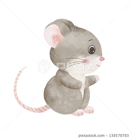 Sweet hand-drawn grey watercolor mouse character isolated on white backgdound, perfect for nursery wall art, children's storybook illustrations, and cute animal-themed sticker designs Sweet hand-drawn grey watercolor mouse character isolated on white backgdound, perfect for nursery wall art, children's storybook illustrations, and cute animal-themed sticker designs 138570783