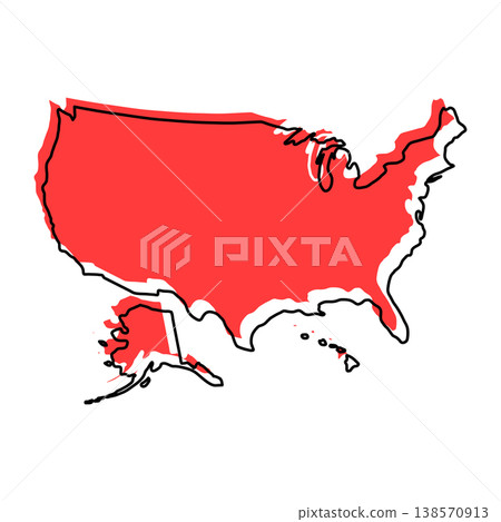USA map from black contour curves lines with a red shifted silhouette on white background 138570913