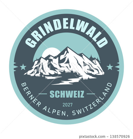 Grindelwald ski resort, Switzerland, Bernese Alps, emblem with snow-covered mountains, vector Grindelwald ski resort, Switzerland, Bernese Alps, emblem with snow-covered mountains, vector 138570926