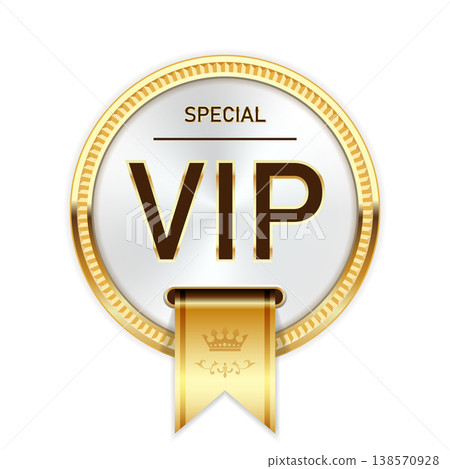 VIP product, medal with golden ribbon, Very, Important, Person badge or insignia, special elite client, vector 138570928