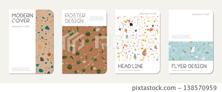 Note book cover design. Terrazzo abstract background made of natural stones, granite, quartz and marble. Venetian terrazzo texture note book template. Note book cover design. Terrazzo abstract background made of natural stones, granite, quartz and marble. Venetian terrazzo texture note book template. 138570959