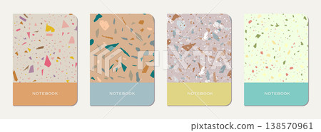 School notebook cover design. Terrazzo abstract background made of natural stones, granite, quartz and marble. Venetian terrazzo texture school notebook template. School notebook cover design. Terrazzo abstract background made of natural stones, granite, quartz and marble. Venetian terrazzo texture school notebook template. 138570961