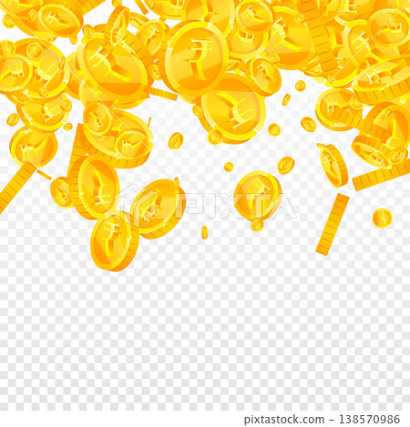 Indian rupee coins falling. Scattered gold INR coins. India money. Global financial crisis concept. Square vector illustration. Indian rupee coins falling. Scattered gold INR coins. India money. Global financial crisis concept. Square vector illustration. 138570986