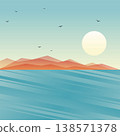 Mountains far away. View from the ocean. Blue sea landscape with silhouette of mountains on the horizon 138571378