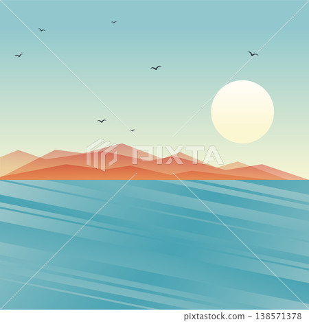 Mountains far away. View from the ocean. Blue sea landscape with silhouette of mountains on the horizon Mountains far away. View from the ocean. Blue sea landscape with silhouette of mountains on the horizon 138571378