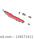 New Caledonia map from black contour curves lines with a red shifted silhouette on white background 138571411
