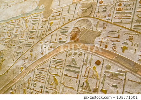 Hieroglyphs, drawings in the tomb of Merenptah KV8 in the Valley of the Kings. Luxor. Egypt. 138571501