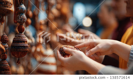 A close up shot of a tourist's hands carefully holding and examining intricate, beaded handmade ornaments at a bustling traditional market stall filled with cultural souvenirs. AI Generated 138571614