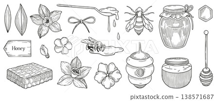 Hand-drawn graphic honey illustrations, honey dipper, honeycombs, bee, field flowers, beehive and jar of honey isolated on white Hand-drawn graphic honey illustrations, honey dipper, honeycombs, bee, field flowers, beehive and jar of honey isolated on white 138571687