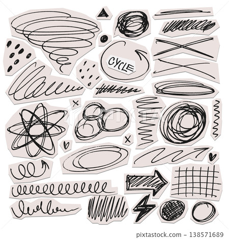 Isolated black pen chaos scribbles on paper scraps set. Hand drawn abstract rough shapes, tangles, spirals and grid on torn cutouts. Vector crazy doodle elements collection for grunge zine design. Isolated black pen chaos scribbles on paper scraps set. Hand drawn abstract rough shapes, tangles, spirals and grid on torn cutouts. Vector crazy doodle elements collection for grunge zine design. 138571689