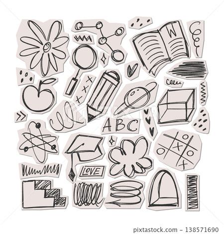 Isolated black pen school doodles on paper cutouts set. Hand drawn education, science and space sketches on torn paper pieces. Vector rough scribble elements collection for student zine collage. Isolated black pen school doodles on paper cutouts set. Hand drawn education, science and space sketches on torn paper pieces. Vector rough scribble elements collection for student zine collage. 138571690