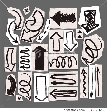 Isolated black marker hand drawn arrows on torn paper pieces set. Chaos scribbled felt tip pen pointers on paper cutouts. Vector scrapbooking sketch elements collection for grunge infographic. Isolated black marker hand drawn arrows on torn paper pieces set. Chaos scribbled felt tip pen pointers on paper cutouts. Vector scrapbooking sketch elements collection for grunge infographic. 138571692