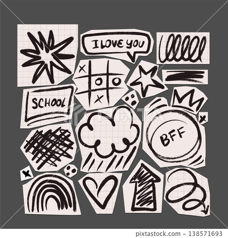 Isolated black ink scribble elements on paper cutouts set. Hand drawn tic tac toe, rainbow, cloud, star and hearts sketches on grid paper pieces. Vector rough doodle collection for zine collage. Isolated black ink scribble elements on paper cutouts set. Hand drawn tic tac toe, rainbow, cloud, star and hearts sketches on grid paper pieces. Vector rough doodle collection for zine collage. 138571693