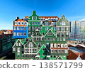 Colorful hotel in Zaandam, Netherlands. Aerial of Quirky Dutch Building Facade in Sunny Day. 138571799