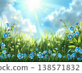 A lively spring setting with soft blue flowers, grassy meadows stretching wide, and golden sunbeams warming the sky. 138571832