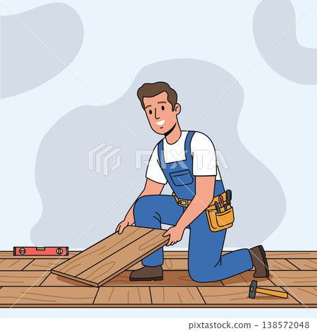 Professional handyman or construction worker, dressed in blue overalls and a tool belt, is carefully installing new wooden floor planks vector illustration. 138572048