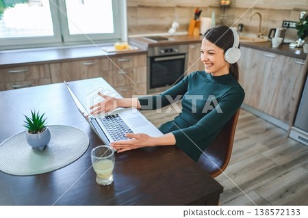 Young Woman Working From Home Having a Video Call on Laptop 138572133