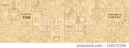 Geometric coffee pattern in minimalist Bauhaus style. Geometric line drawing. Abstract print background with simple shapes for coffee shop, food packaging, cafe wall. Geometric coffee pattern in minimalist Bauhaus style. Geometric line drawing. Abstract print background with simple shapes for coffee shop, food packaging, cafe wall. 138572299