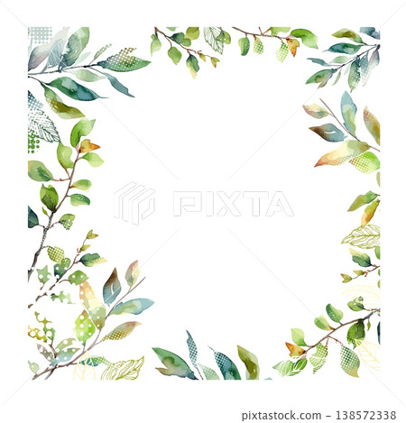 square frame with watercolor twigs and green leaves. Summer or spring postcard. Hand drawn. Not AI, vector illustration. square frame with watercolor twigs and green leaves. Summer or spring postcard. Hand drawn. Not AI, vector illustration. 138572338