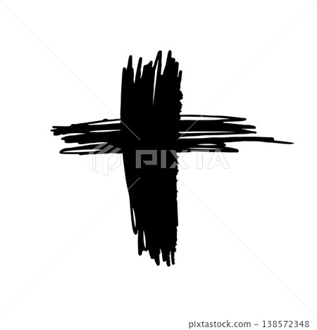 Hand drawn black grunge cross icon, simple Christian cross sign, hand-painted cross symbol created with real ink brush isolated on white background. Hand drawn black grunge cross icon, simple Christian cross sign, hand-painted cross symbol created with real ink brush isolated on white background. 138572348
