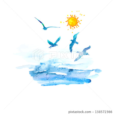 Sun seagulls and sea watercolor. Vector illustration Sun seagulls and sea watercolor. Vector illustration 138572366