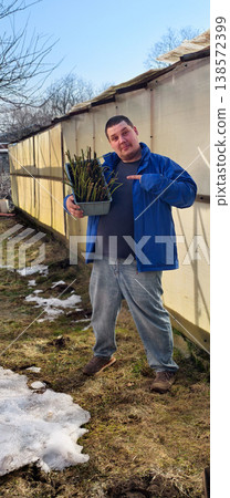 Man holding a tray of rooted rose cuttings, pointing at the plants, standing next to a greenhouse structure outdoors during early spring with some remaining snow on the ground. Man holding a tray of rooted rose cuttings, pointing at the plants, standing next to a greenhouse structure outdoors during early spring with some remaining snow on the ground. 138572399
