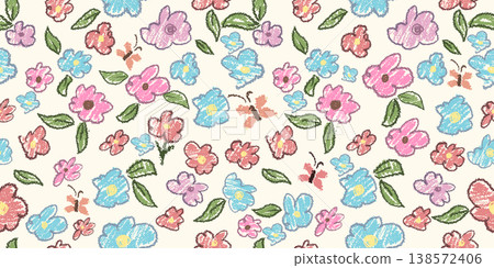 Seamless pattern simple pastel flowers children's drawing with crayons. Hand drawn. Not AI, vector illustration. Seamless pattern simple pastel flowers children's drawing with crayons. Hand drawn. Not AI, vector illustration. 138572406