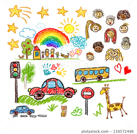 Children's drawings drawn with colored pencils . Hand drawn. Not AI, vector illustration. Children's drawings drawn with colored pencils . Hand drawn. Not AI, vector illustration. 138572486