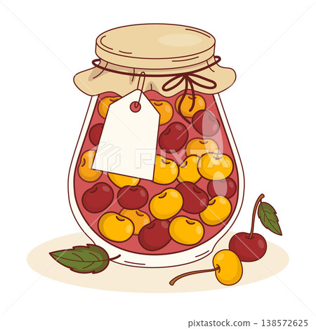 Jar of Assorted Cherry Jam with Red and Yellow Berries. Homemade Fruit Preserve with Blank Tag. Natural Eco-friendly Organic Sweetness. Rustic Kitchenware Element. Vector Illustration. 138572625
