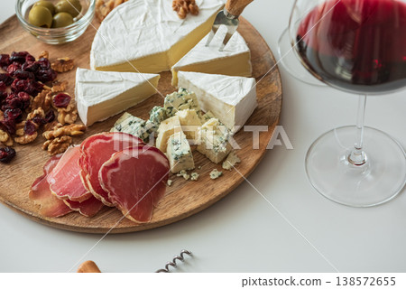 Charcuterie Board with Red Wine. Elegant Gourmet Gathering Charcuterie Board with Red Wine. Elegant Gourmet Gathering 138572655