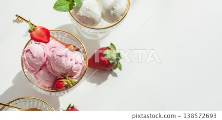 Vanilla and Strawberry Ice Cream in Elegant Bowls on White Background 138572693